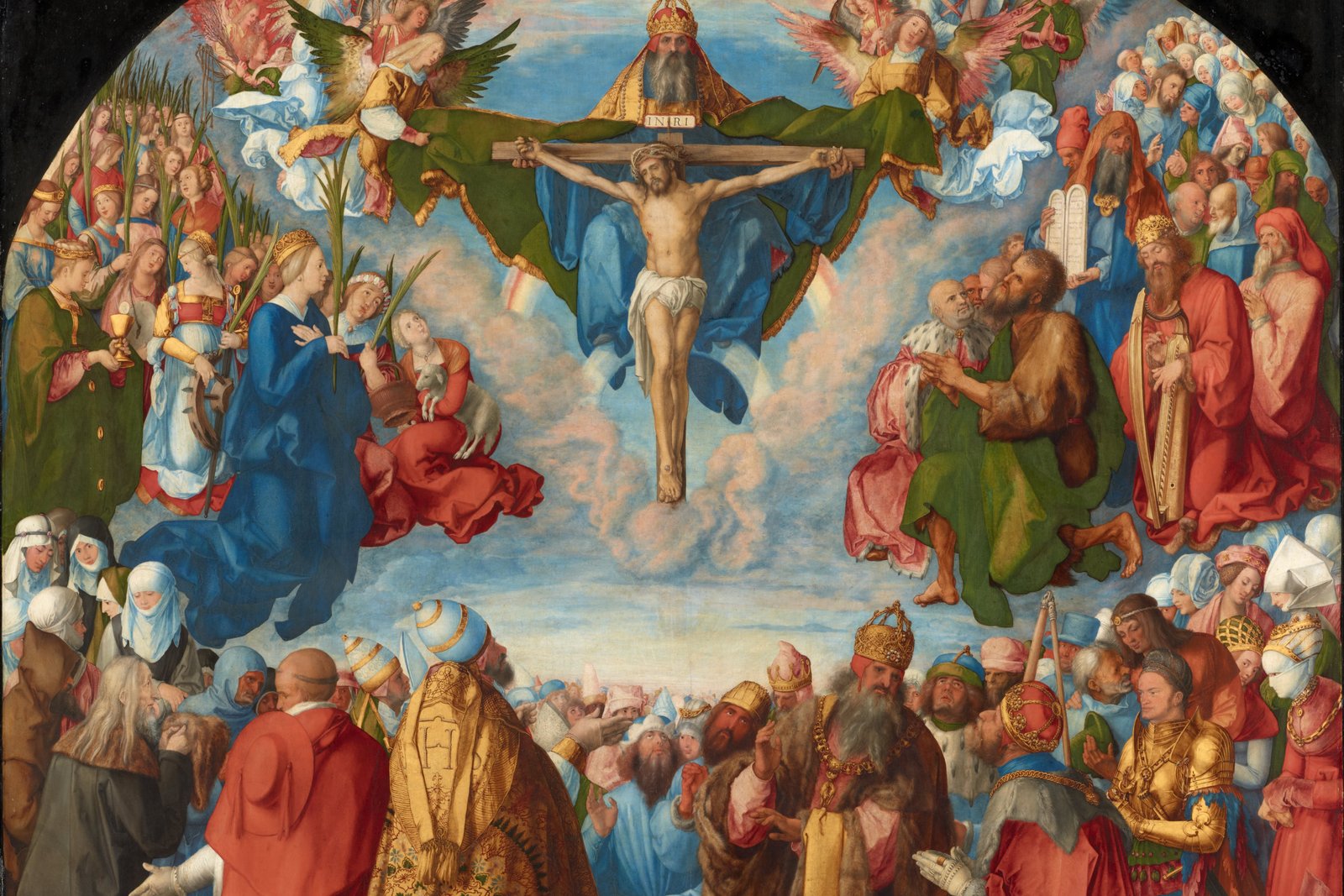 A Renaissance altarpiece depicting the adoration of the Holy Trinity by saints, angels, and the faithful.