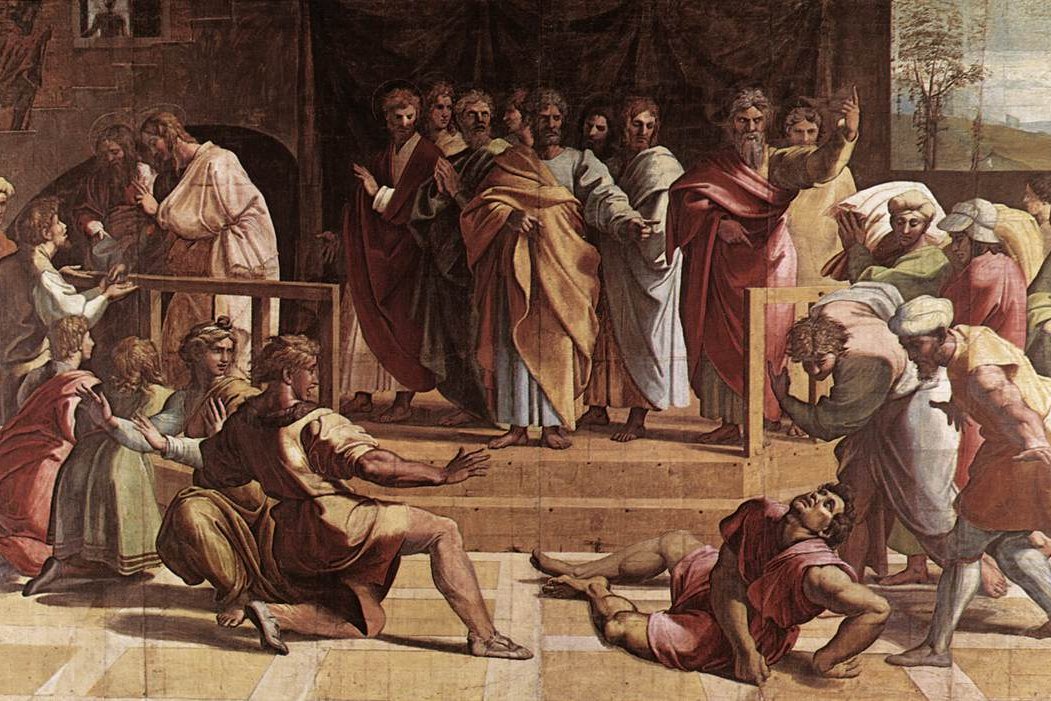 Peter standing over the fallen body of Ananias while the early Christian community looks on in shock