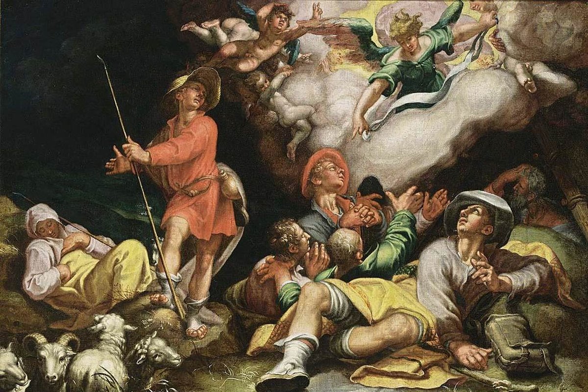 A baroque painting of shepherds and their flock at night, looking up in awe at angels appearing in a glowing cloud above them.
