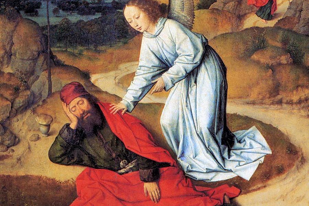 A Flemish panel painting of an angel gently touching the shoulder of an exhausted prophet lying on the ground beside a red cloak.