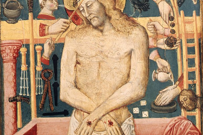 15th-century Umbrian panel painting of Christ as the Man of Sorrows surrounded by the Arma Christi, the instruments of his Passion