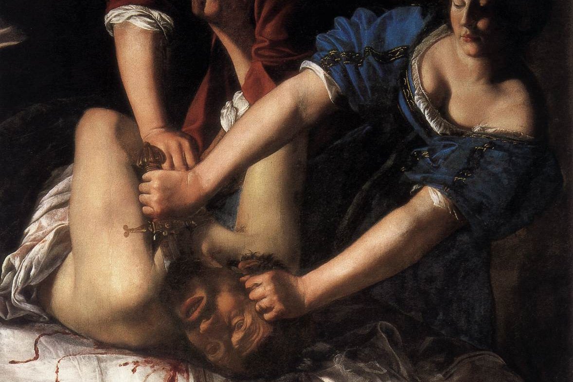 Artemisia Gentileschi's painting Judith Beheading Holofernes, showing Judith and her maidservant forcefully restraining and beheading Holofernes