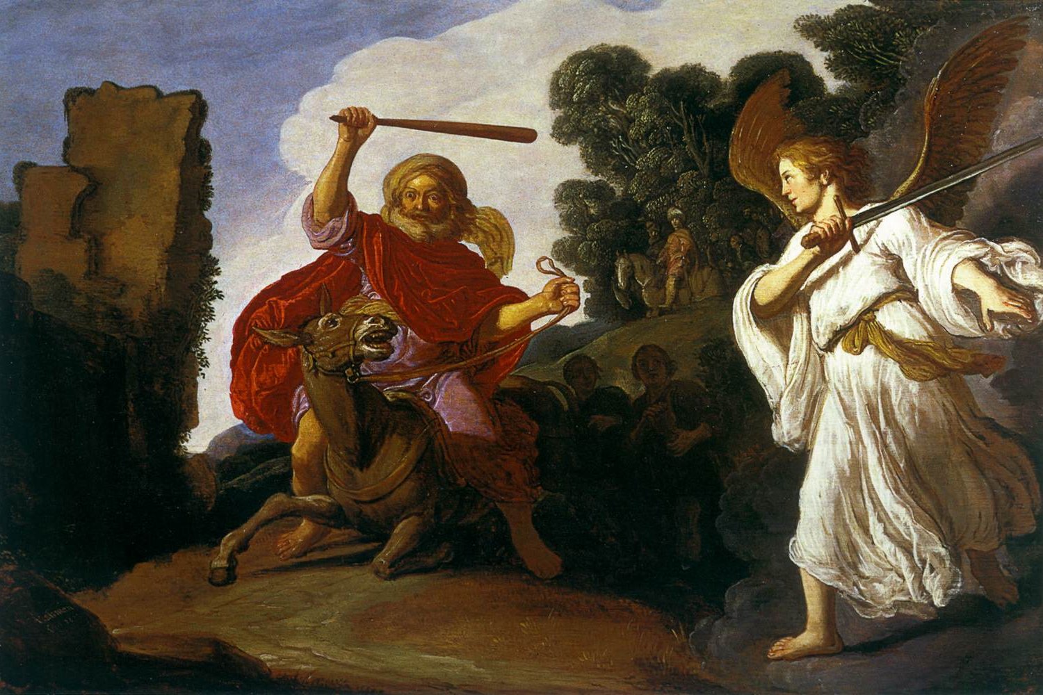Pintura de Pieter Lastman del profeta Balaam y su burra encontrando al ángel del Señor de pie en el camino con la espada desenvainada