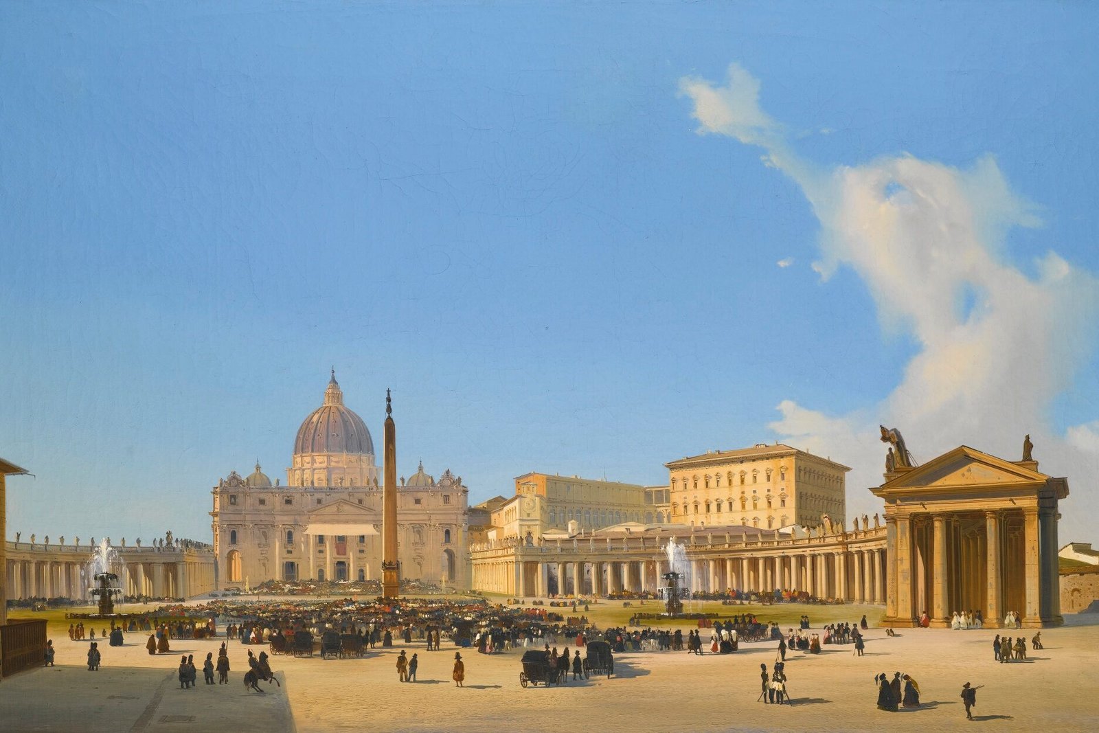 A 19th-century painting of St. Peter's Basilica and Square in Rome, crowded with pilgrims awaiting a papal blessing.