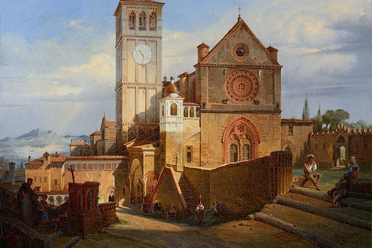 An 1836 painting of the Basilica of San Francesco in Assisi, showing its facade and bell tower