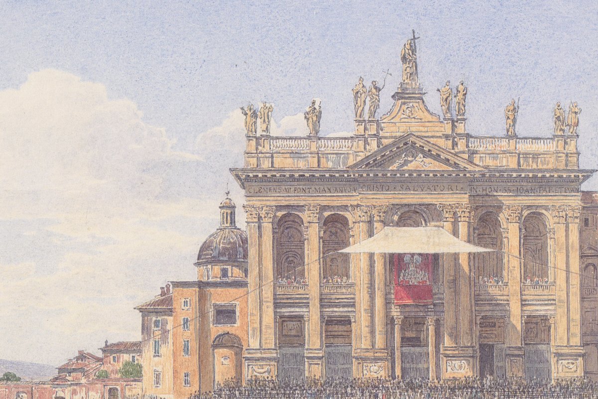 An 1835 painting of the facade of the Basilica of St John Lateran in Rome, crowded with pilgrims