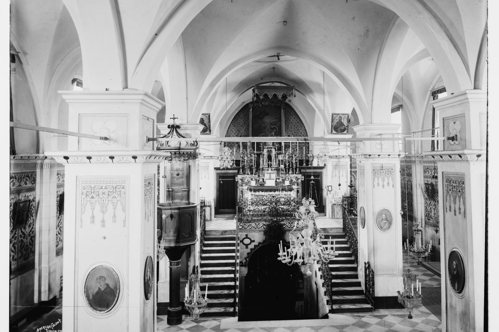 A historic photograph of the earlier church that stood on the Nazareth Annunciation site before the present 1969 basilica was built