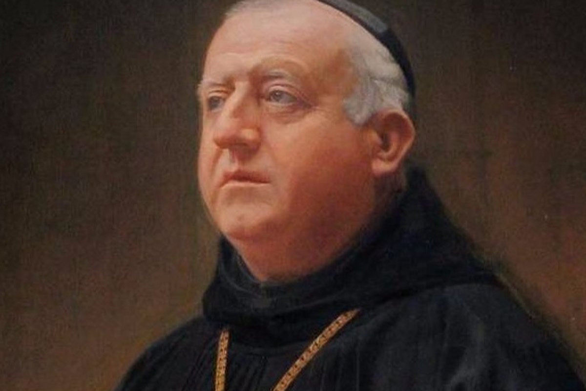 A painted portrait of Dom Columba Marmion, Abbot of Maredsous, in black Benedictine monastic habit with a skullcap, gazing to one side.