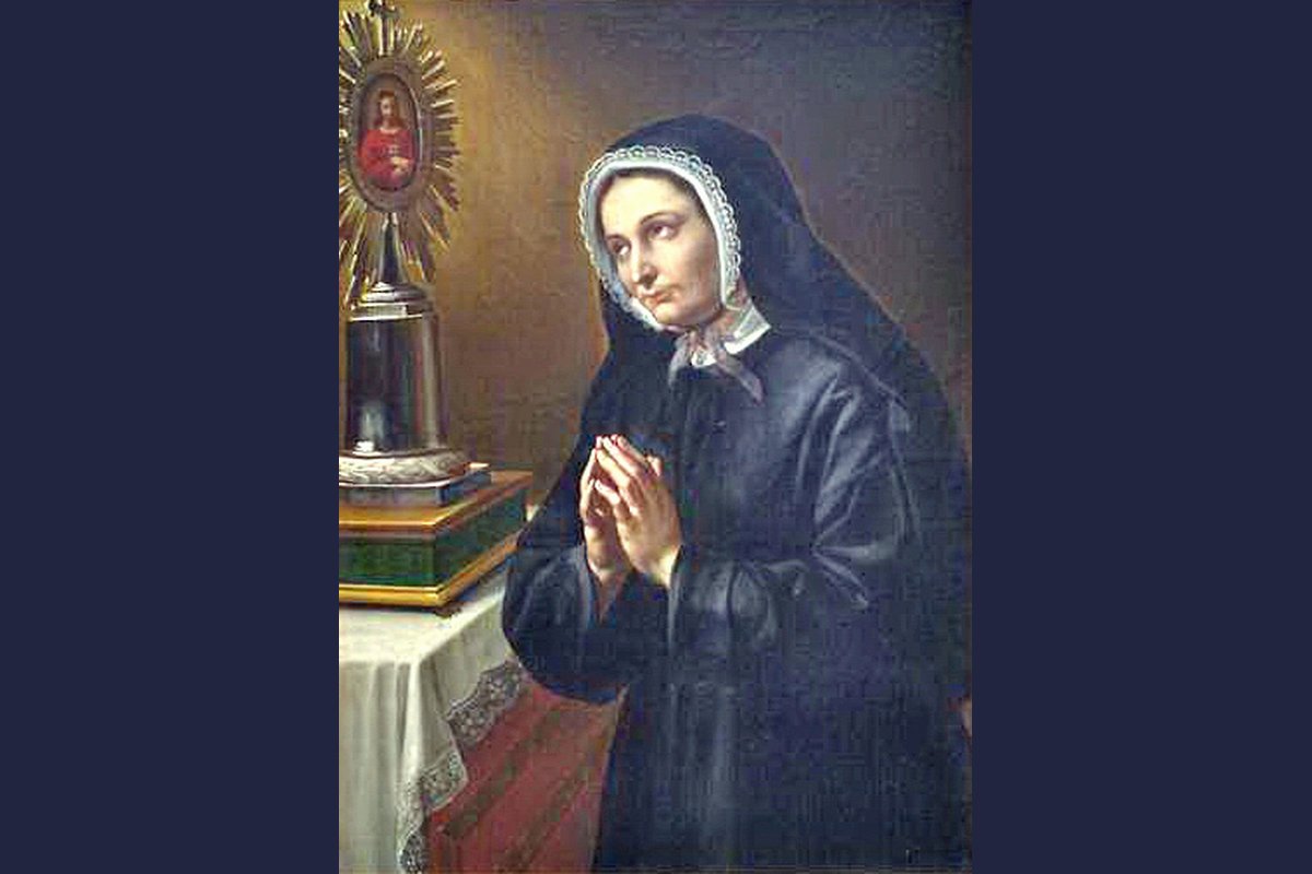 A devotional painting of Elisabetta Canori Mora, hooded in dark robes and a white lace bonnet, kneeling in prayer before an altar with a monstrance and an image of the Sacred Heart.