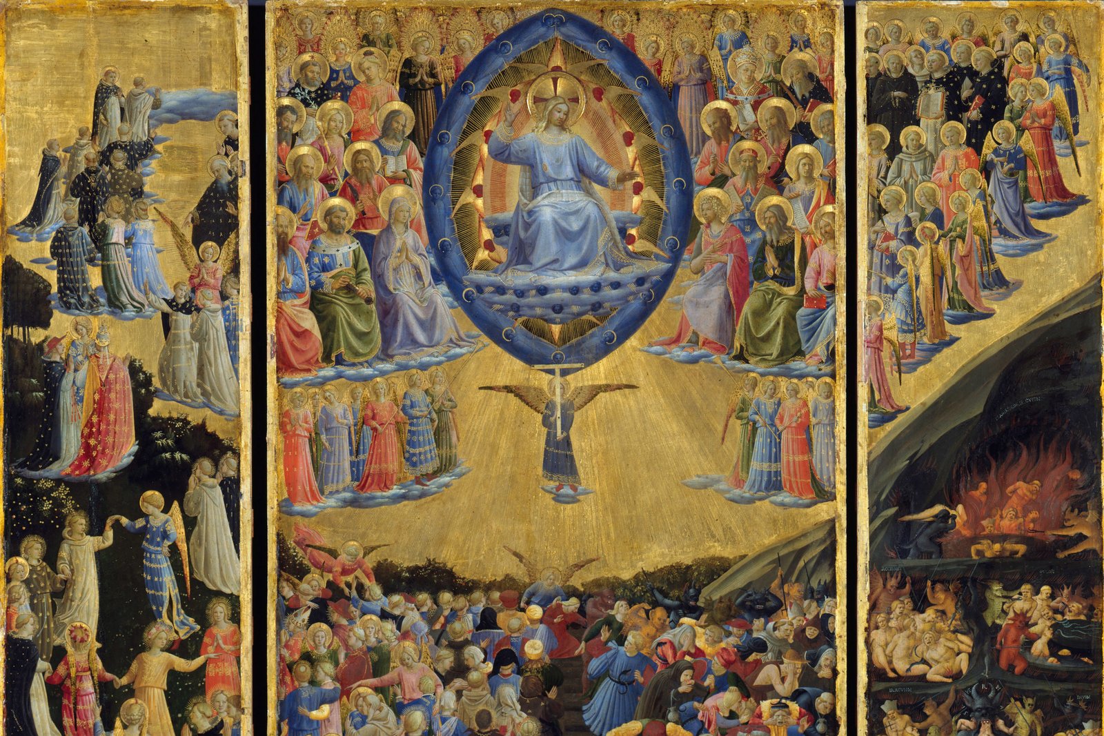 A large Renaissance fresco of the Last Judgment showing Christ enthroned above rows of saints, with the blessed dancing in a circle in a flowering paradise on one side and the damned tormented on the other.