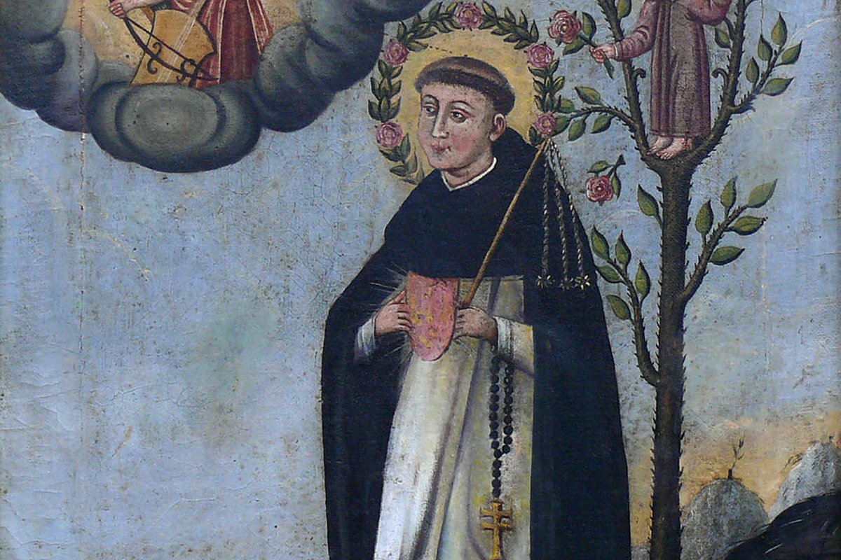 A folk devotional oil painting of Blessed Henry Suso as a haloed Dominican friar in black and white habit, holding a rosary, with a rose garland, an angel playing a viol, and the Christ child in a rose tree beside him.