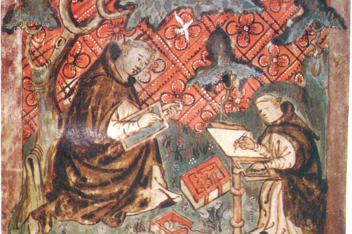 A 14th-century illuminated manuscript miniature showing Jan van Ruusbroec, seated beneath a tree with a dove overhead, writing on a wax tablet while a fellow canon copies his text at a writing desk nearby.