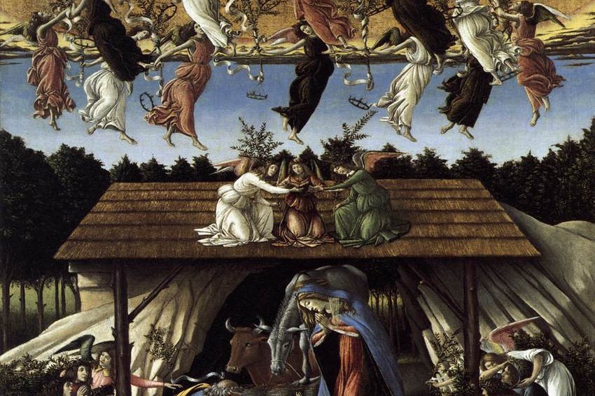 Botticelli's painting The Mystic Nativity, showing the Holy Family at the center beneath a ring of dancing angels, with small devils fleeing at the bottom edge.