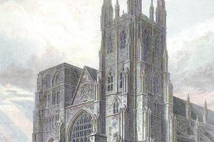 A 19th-century engraving of the western towers of Canterbury Cathedral.