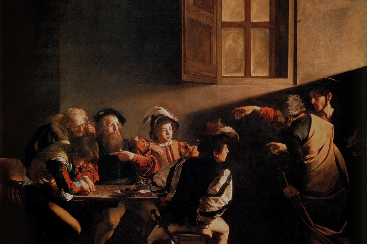 Caravaggio's painting The Calling of Saint Matthew, showing Christ pointing toward a group of men at a table in a dark tavern-like room, with a shaft of light crossing the scene.