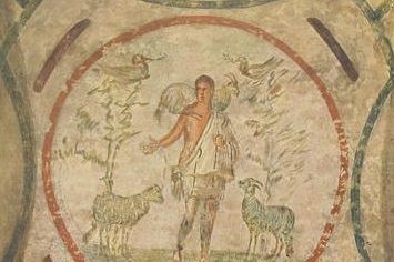 The ancient Good Shepherd fresco from the Catacomb of Priscilla in Rome
