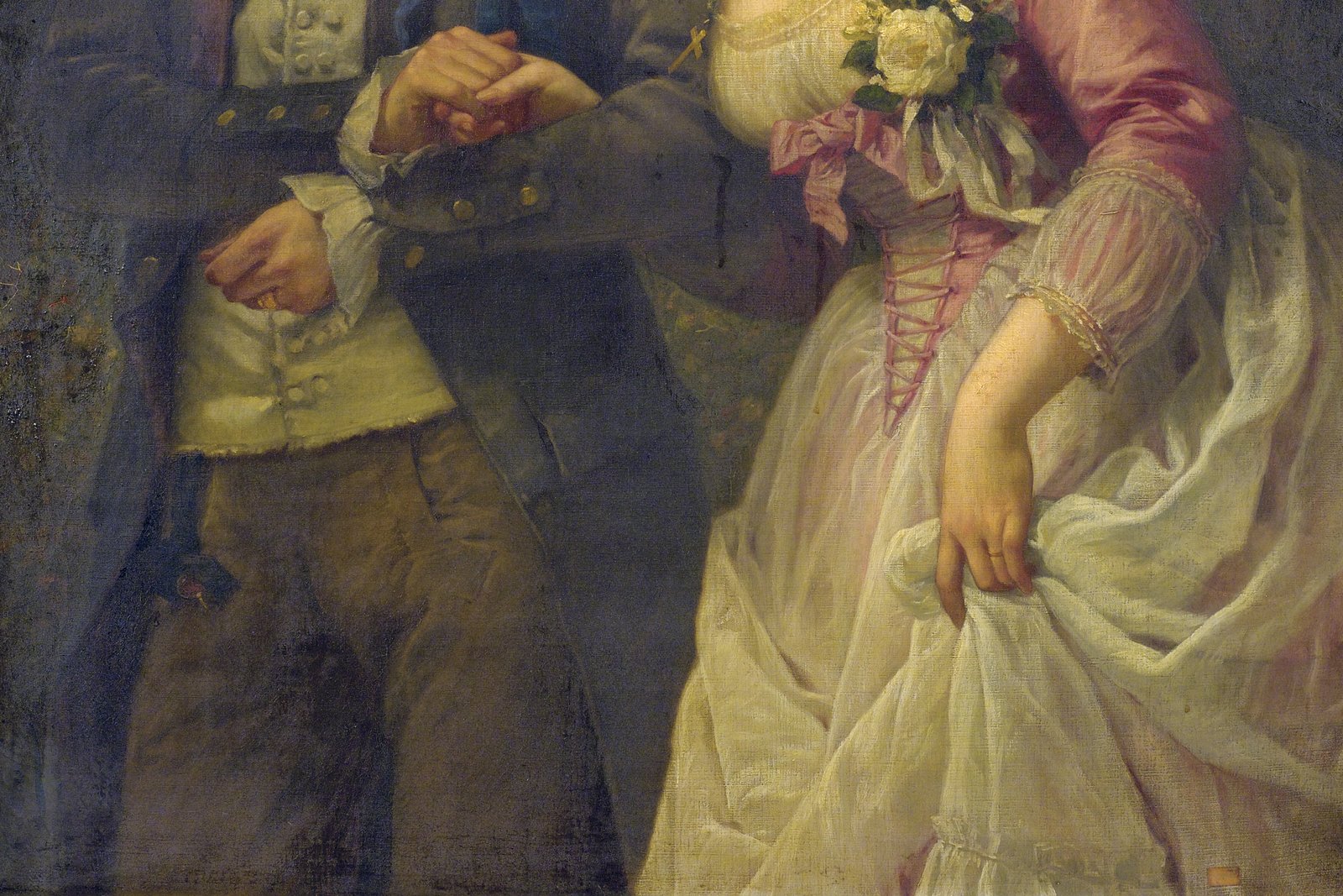 A 19th-century painting of a betrothed couple, the bride in white holding a bouquet.