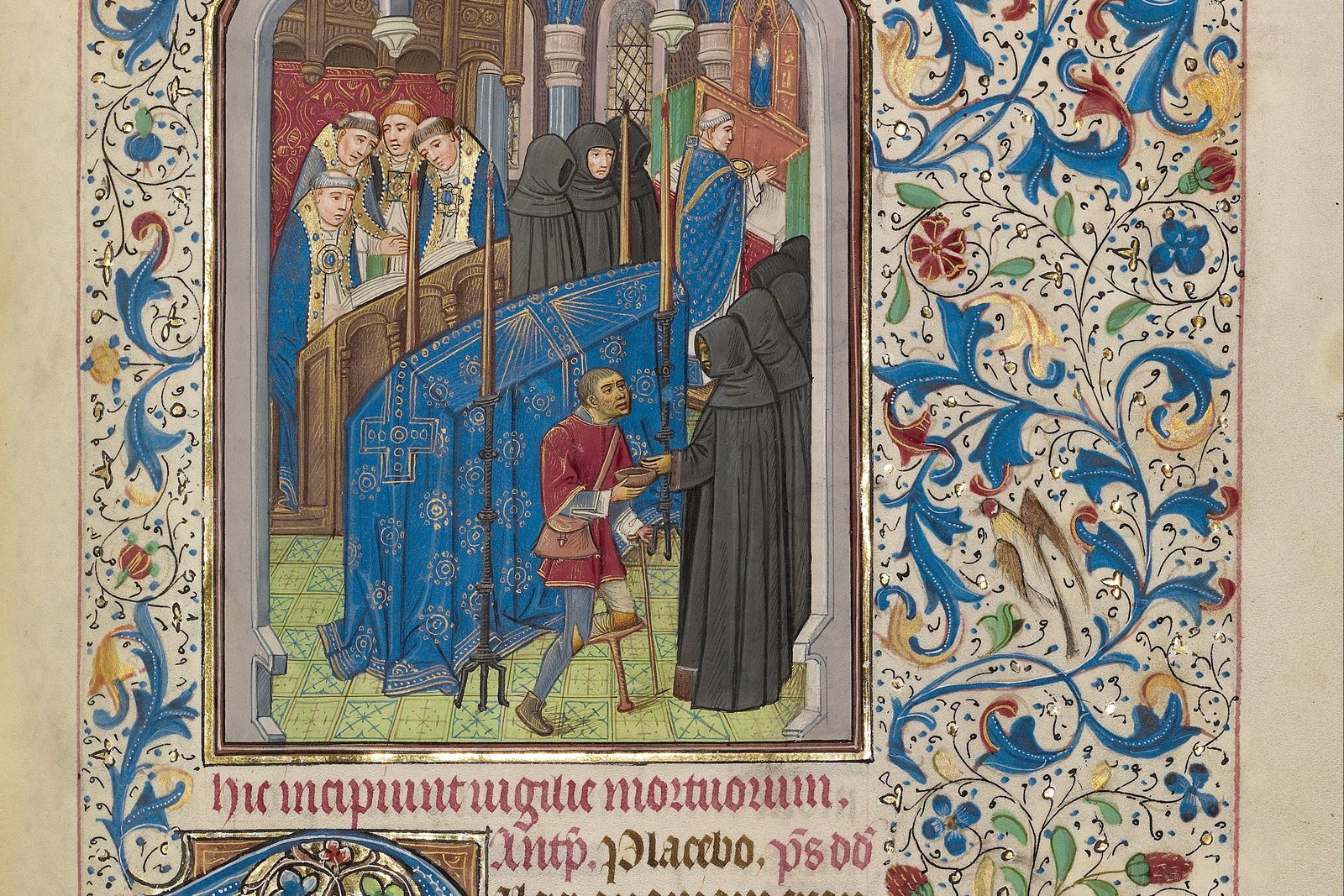 A medieval illumination of a funeral Mass for the dead