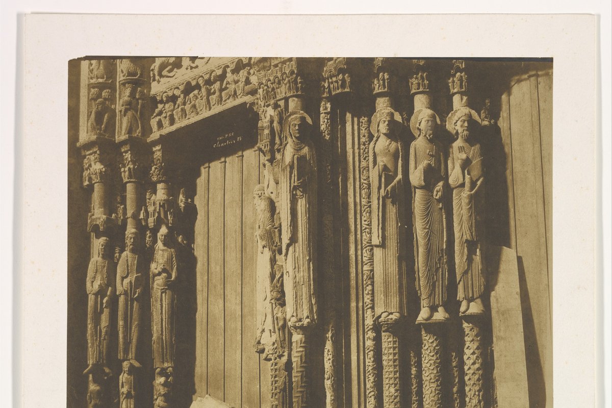 Carved jamb statues of the Royal Portal at Chartres Cathedral, photographed around 1850