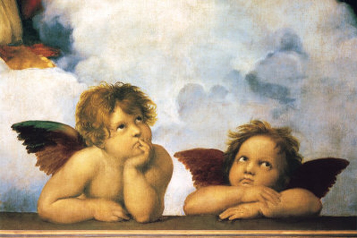 A Renaissance painting detail of two winged infant cherubs resting their chins on their arms, gazing upward.