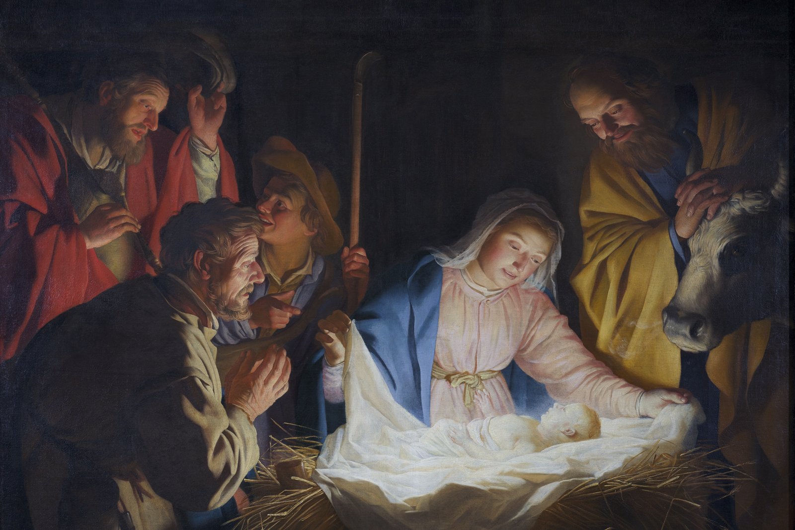 Gerard van Honthorst's painting of the Nativity, with shepherds adoring the infant Jesus by candlelight.
