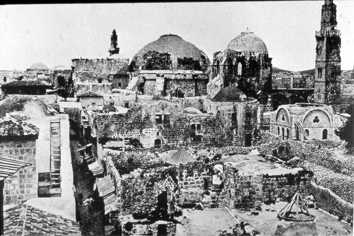 The entrance courtyard and facade of the Church of the Holy Sepulchre in Jerusalem, 1858