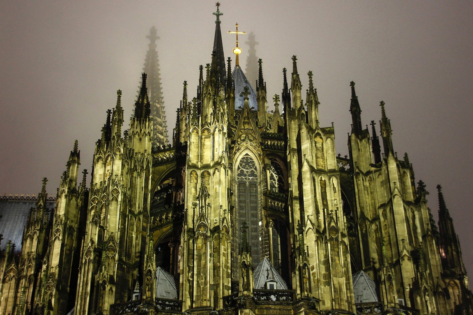 View of the twin spires of Cologne Cathedral rising above the city of Cologne, Germany
