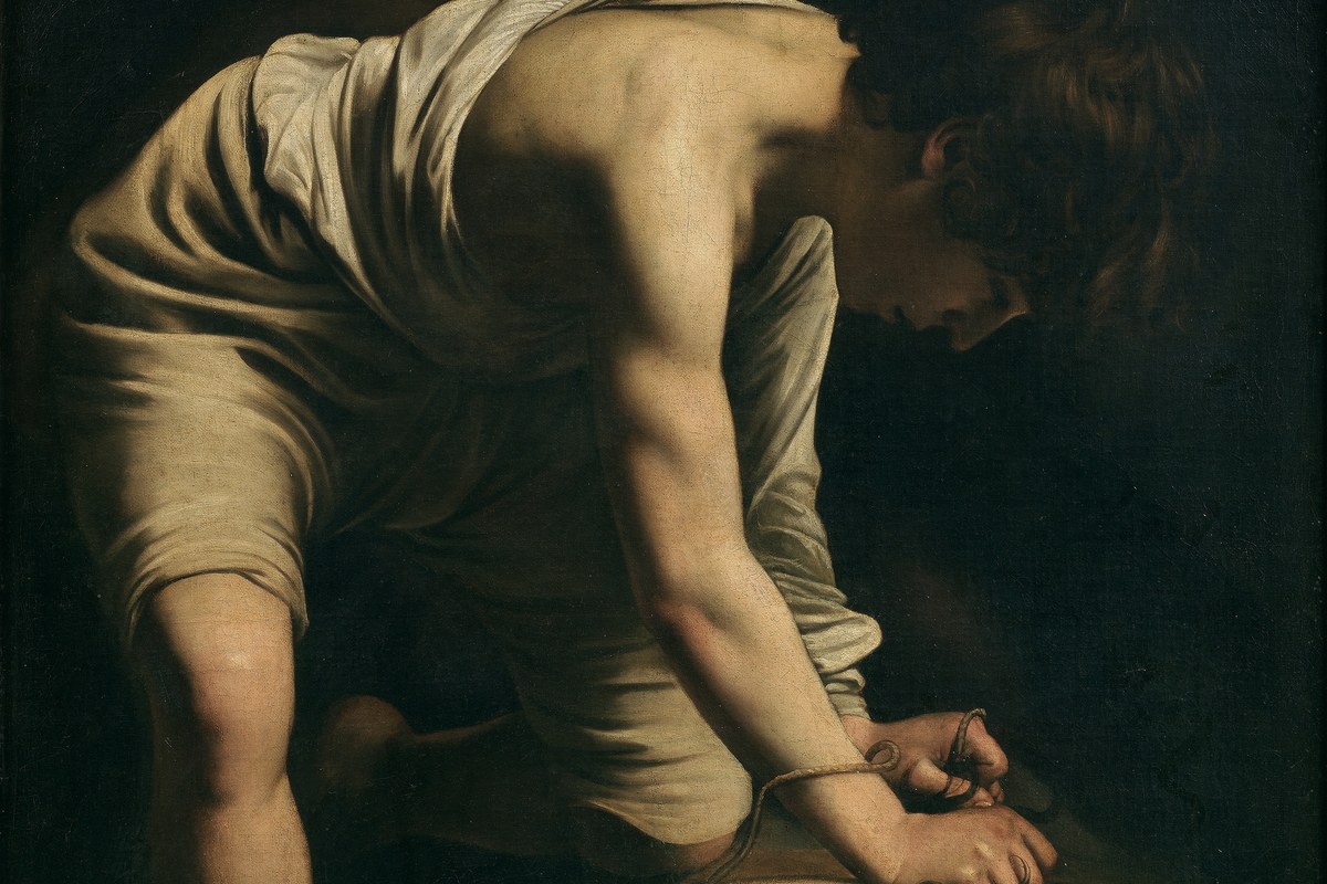 Dramatisches barockes Gemälde des jungen David, der über dem abgeschlagenen Kopf Goliaths kniet und sich eine Schnur um das Handgelenk bindet.