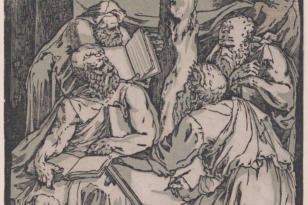 A chiaroscuro woodcut of four seated, bearded Doctors of the Church, each holding an open book, gathered in discussion around a central pillar.