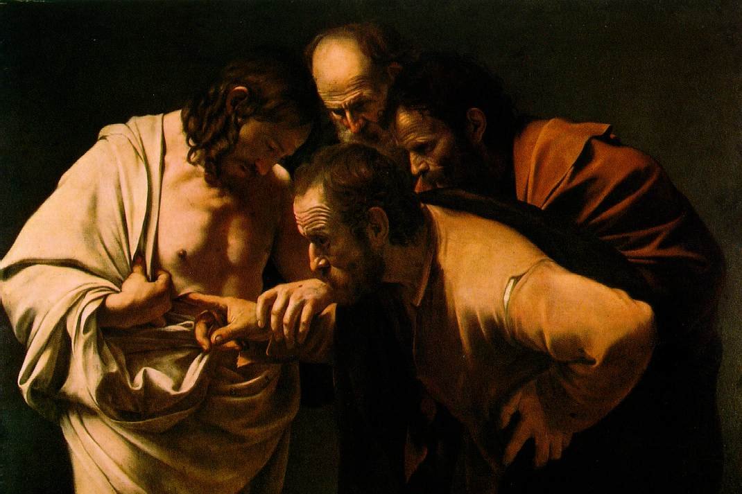 Thomas placing his finger in Christ's wound, painting by Caravaggio