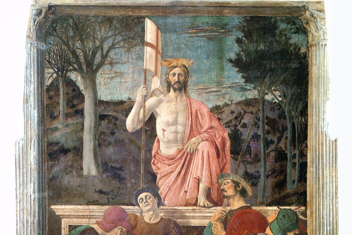 Piero della Francesca's fresco of the risen Christ stepping out of the tomb, holding a banner of victory.