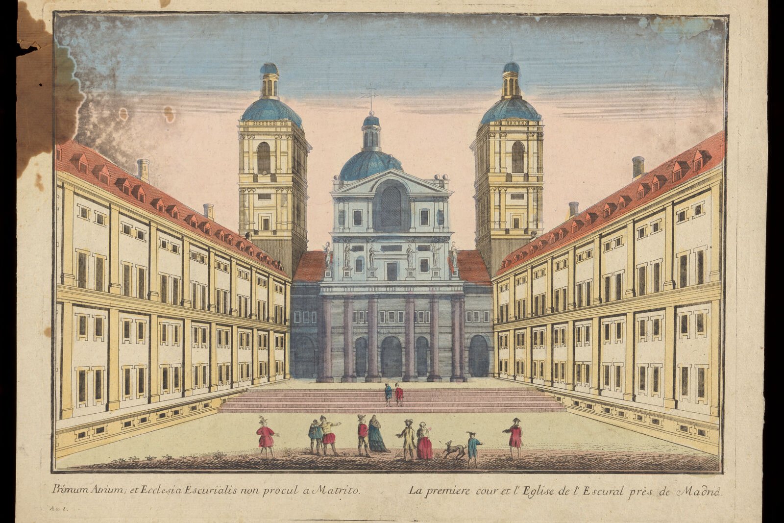 Historic coloured etching of the Courtyard of the Kings and basilica at the Monastery of El Escorial, Spain