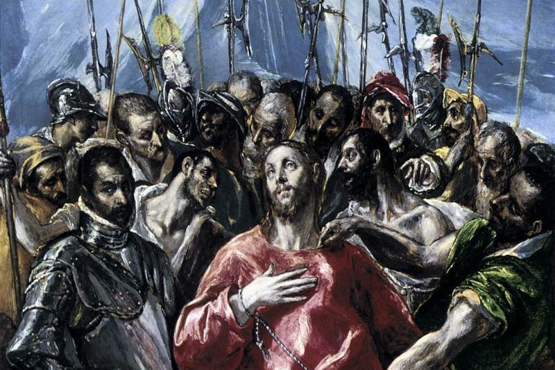 El Greco's painting The Disrobing of Christ, showing Christ in a red robe surrounded by a crowd before his Crucifixion, with the Virgin Mary and other women watching below.