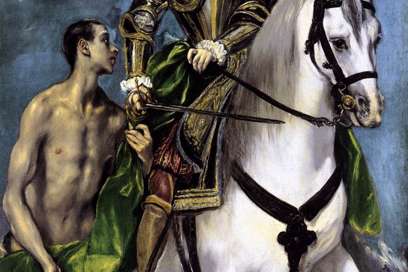 El Greco's elongated, luminous painting of Saint Martin on a white horse cutting his cloak in half to share with a barely-clothed beggar, with Toledo visible behind them