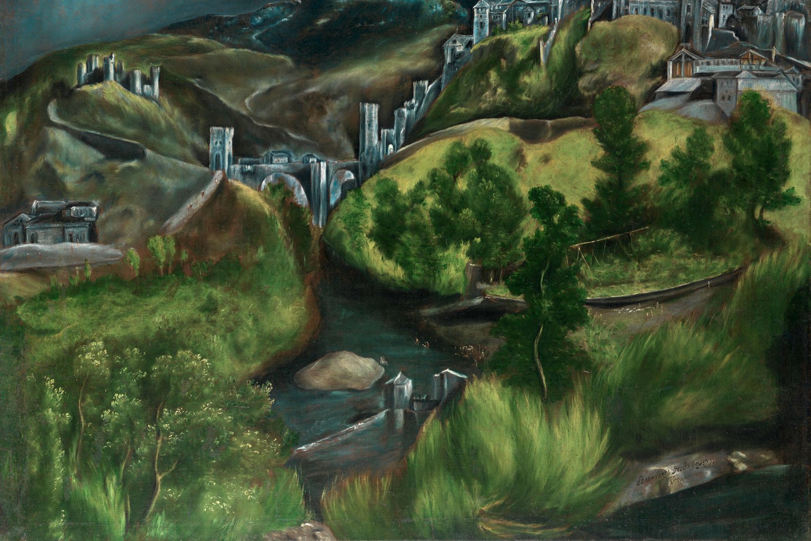 La Vista de Toledo de El Greco, que muestra la ciudad española bajo un cielo dramático iluminado por la tormenta, en verdes y grises fríos.