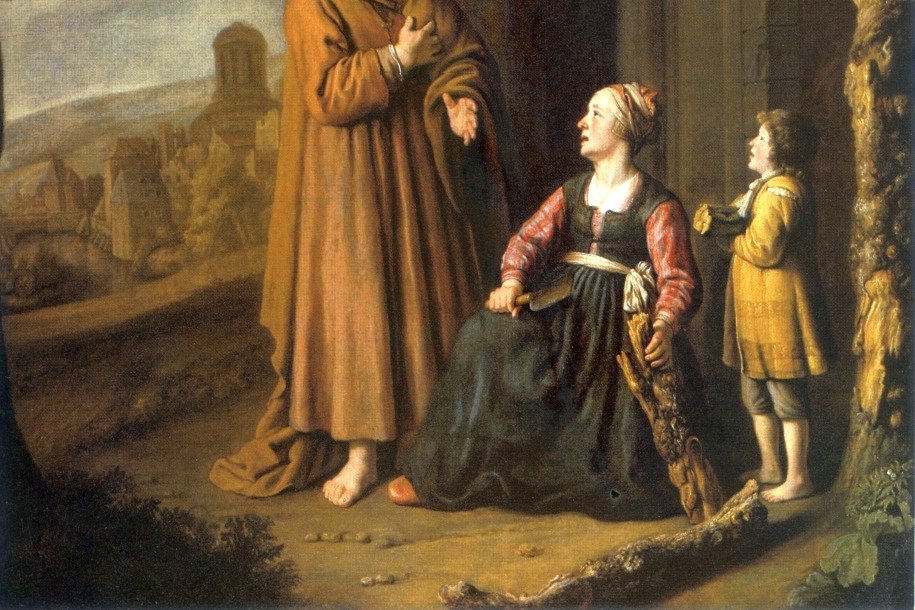 Elijah receiving bread and water from the widow of Zarephath