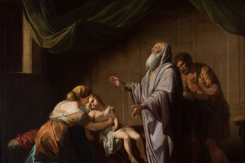 Elisha stretched over the body of the Shunammite woman's son in an upper room, restoring him to life