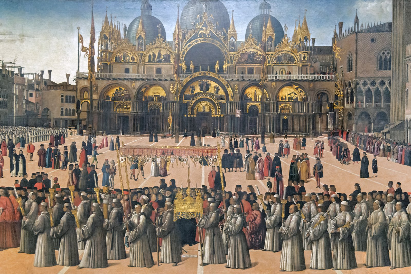 A Corpus Christi procession crosses Piazza San Marco in Venice, clergy and confraternities carrying the Blessed Sacrament beneath a canopy, in Gentile Bellini's painting.