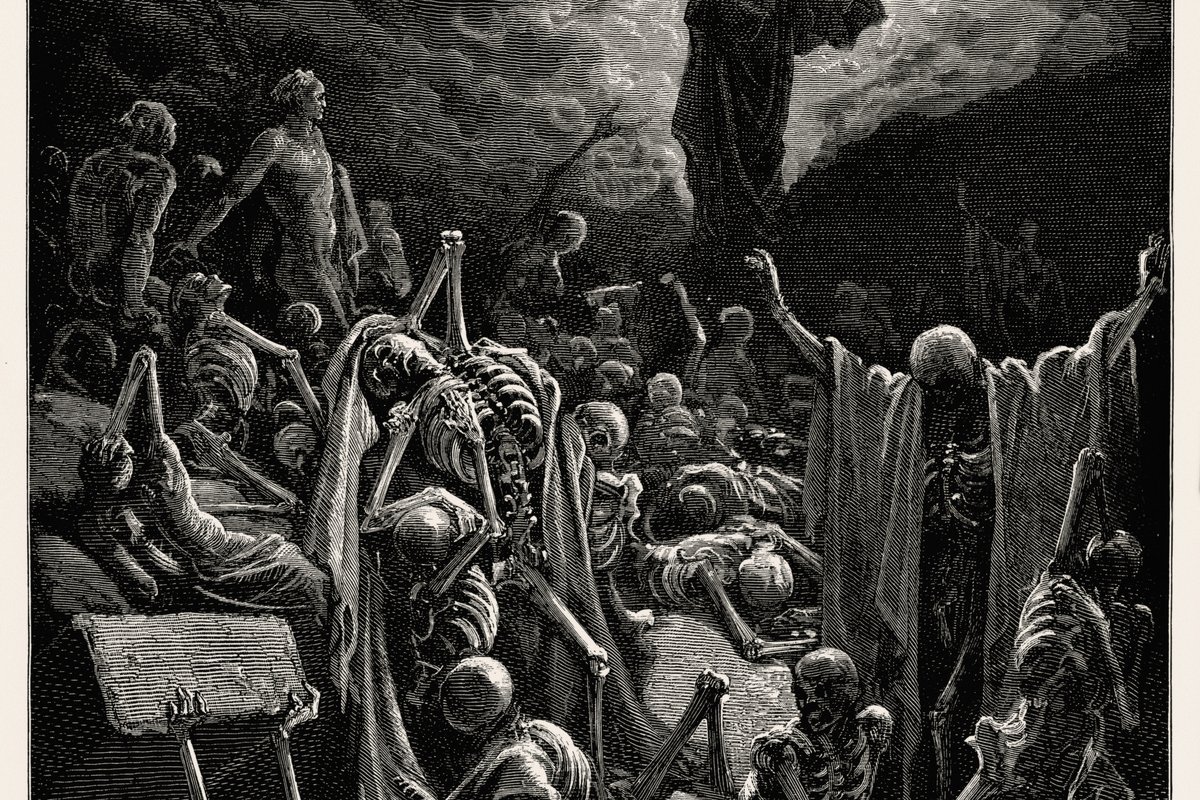 Ezekiel's vision of the valley of dry bones, engraving by Gustave Doré
