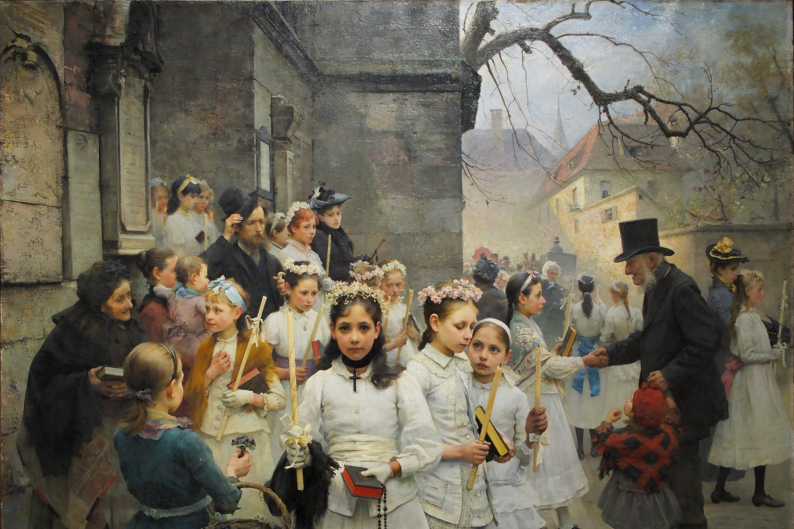 Un dipinto di una bambina in abito e velo bianchi da Prima Comunione, inginocchiata in preghiera dopo aver ricevuto l'Eucaristia per la prima volta.
