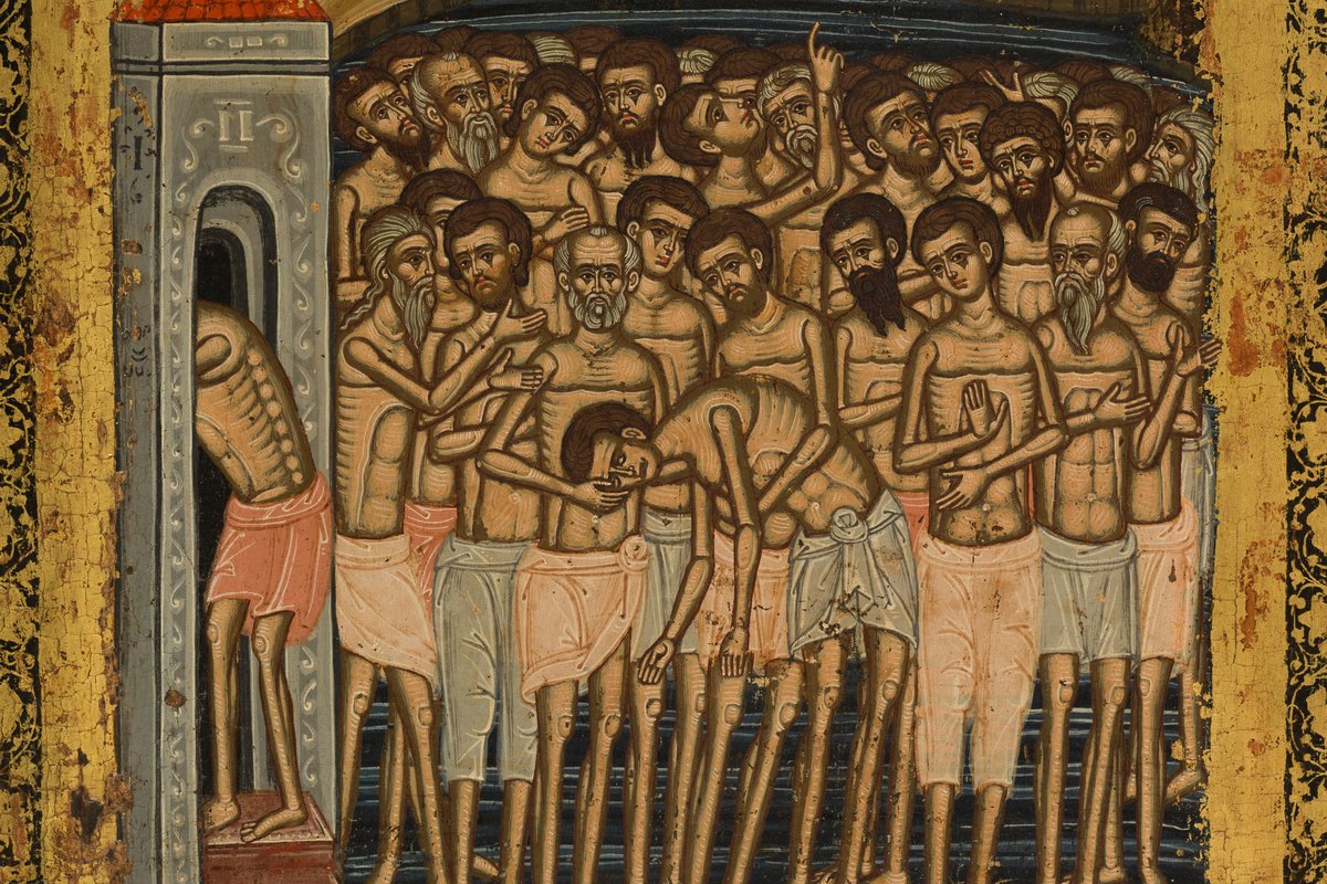 A gold-ground icon showing a large group of nude, haloed martyrs standing together on a frozen lake beneath a blessing figure of Christ and rows of descending crowns.