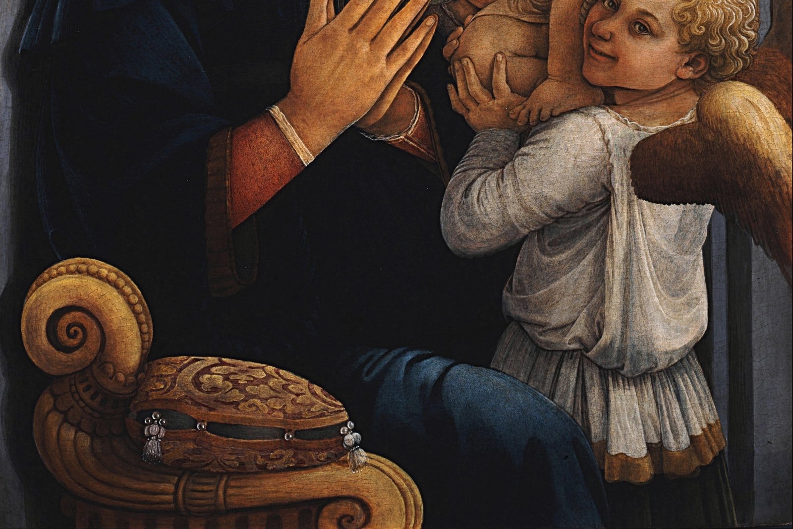 Fra Filippo Lippi's Madonna and Child with Two Angels, showing the Virgin Mary in profile gazing tenderly at the infant Christ.