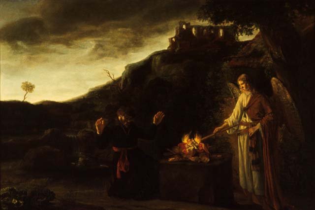 A seated angel in flowing robes speaks to a kneeling Gideon beneath a tree, in a warm, painterly Dutch Golden Age style.