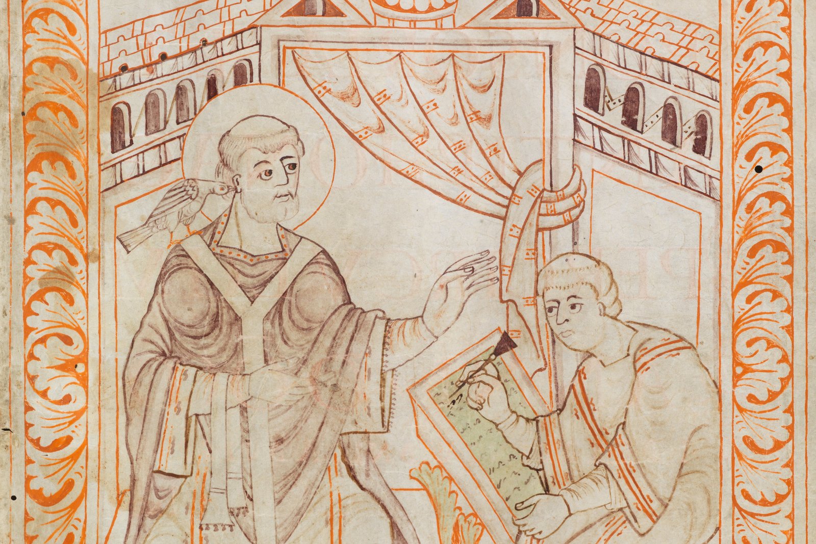 A medieval illuminated manuscript page depicting Pope Gregory I dictating chant, a dove representing the Holy Spirit at his shoulder, to a scribe.