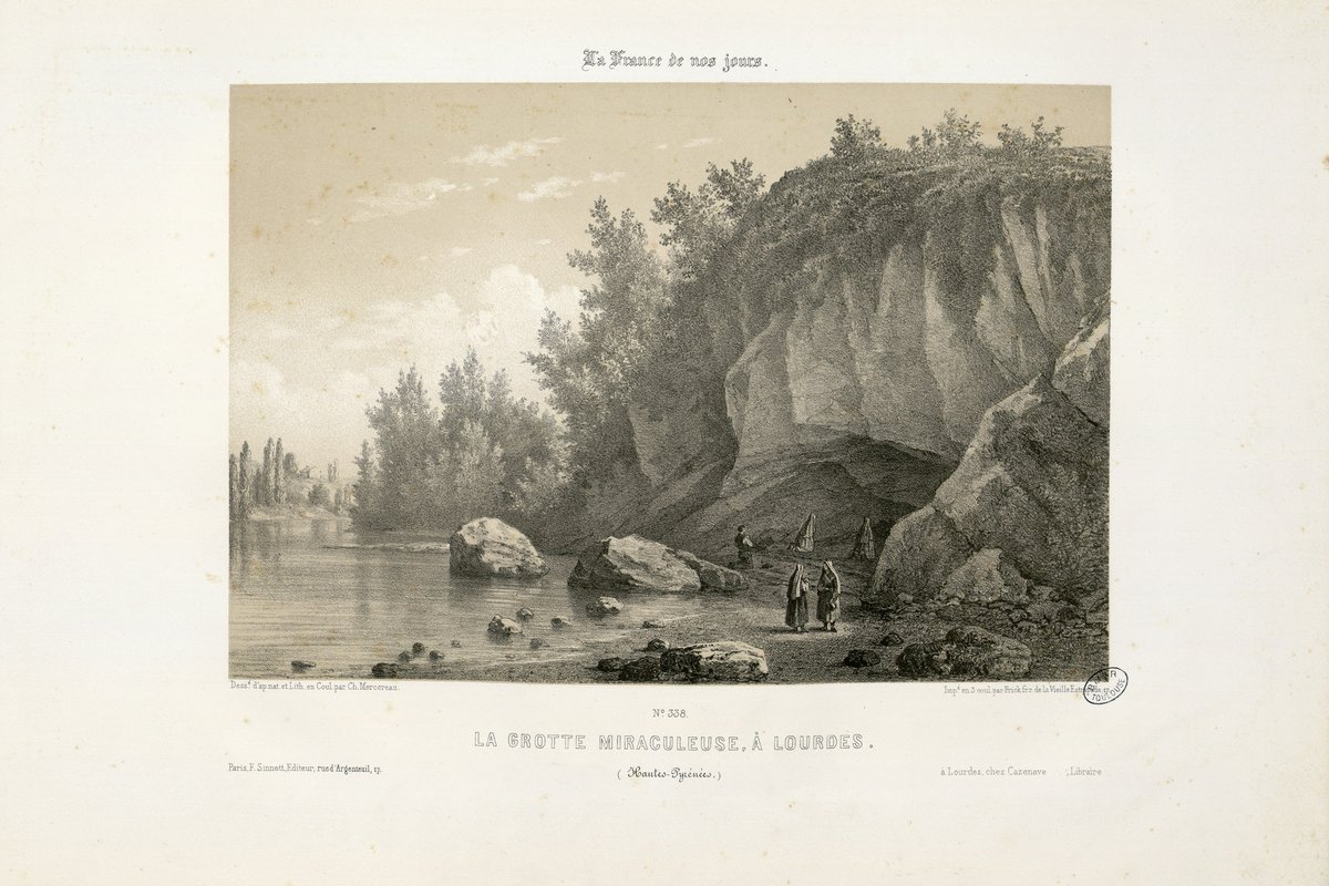 An 1860 illustration of the Grotto of Massabielle at Lourdes, site of the Marian apparitions