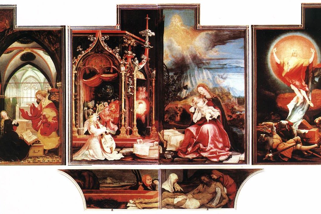 The Isenheim Altarpiece by Matthias Grünewald, showing a harrowing Crucifixion scene with Christ's body covered in wounds and sores, flanked by mourning figures.