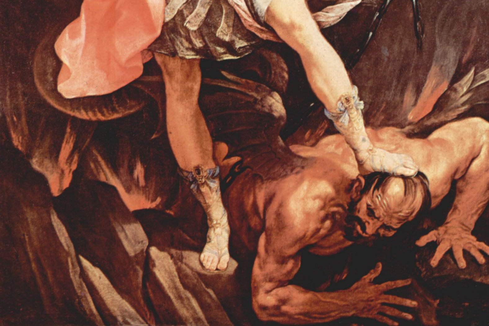 Guido Reni's painting of the Archangel Michael in armor, sword raised, standing over a defeated demon figure at his feet