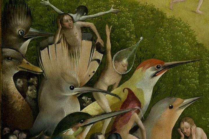 Detail of the central panel of Hieronymus Bosch's Garden of Earthly Delights, showing a densely populated fantastical landscape of nude figures, strange creatures, and oversized fruit.