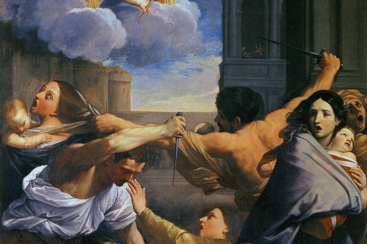 A dramatic Baroque oil painting of Roman soldiers seizing infants from screaming mothers beneath a stormy sky, with two angels holding martyrs' palms watching from the clouds above.
