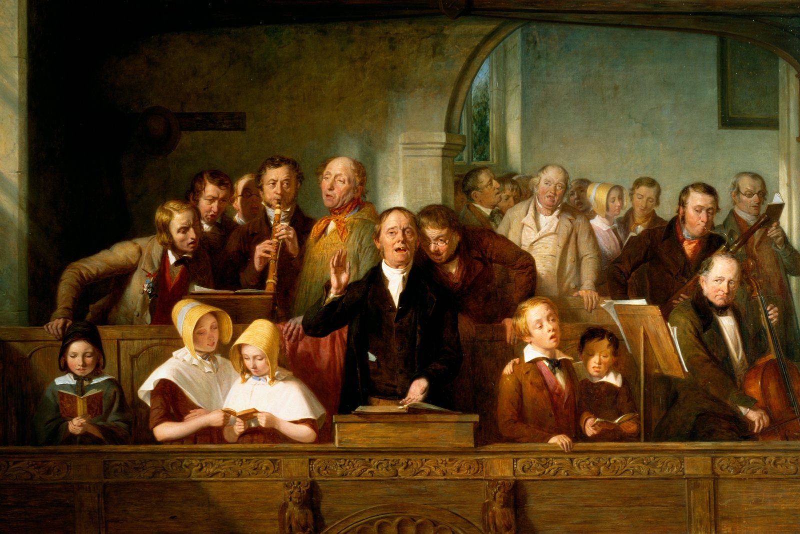 A 19th-century painting of a lively parish choir singing together in a church gallery.